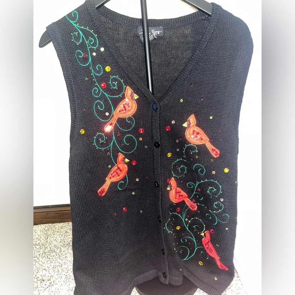 VTG SML Sz L Cardinal Bird Sweater Vest Sequin Embellished 80s Christmas Whimsy